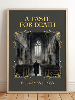 A Taste for Death Classic Book Art Print by E. L. James – framed print leaning on a wooden floor