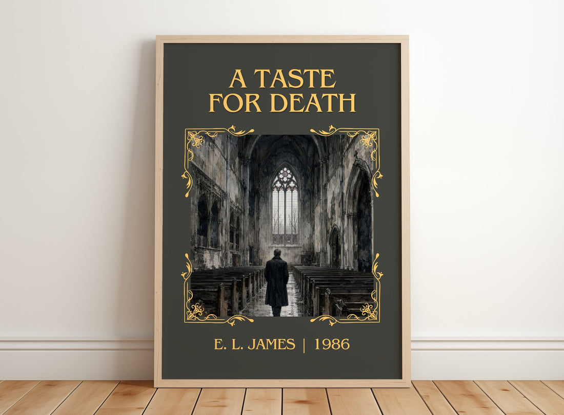 A Taste for Death Classic Book Art Print by E. L. James – framed print leaning on a wooden floor