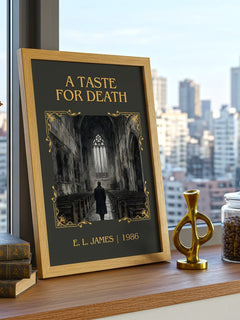 A Taste for Death Classic Book Art Print by E. L. James – framed print on a city-view windowsill