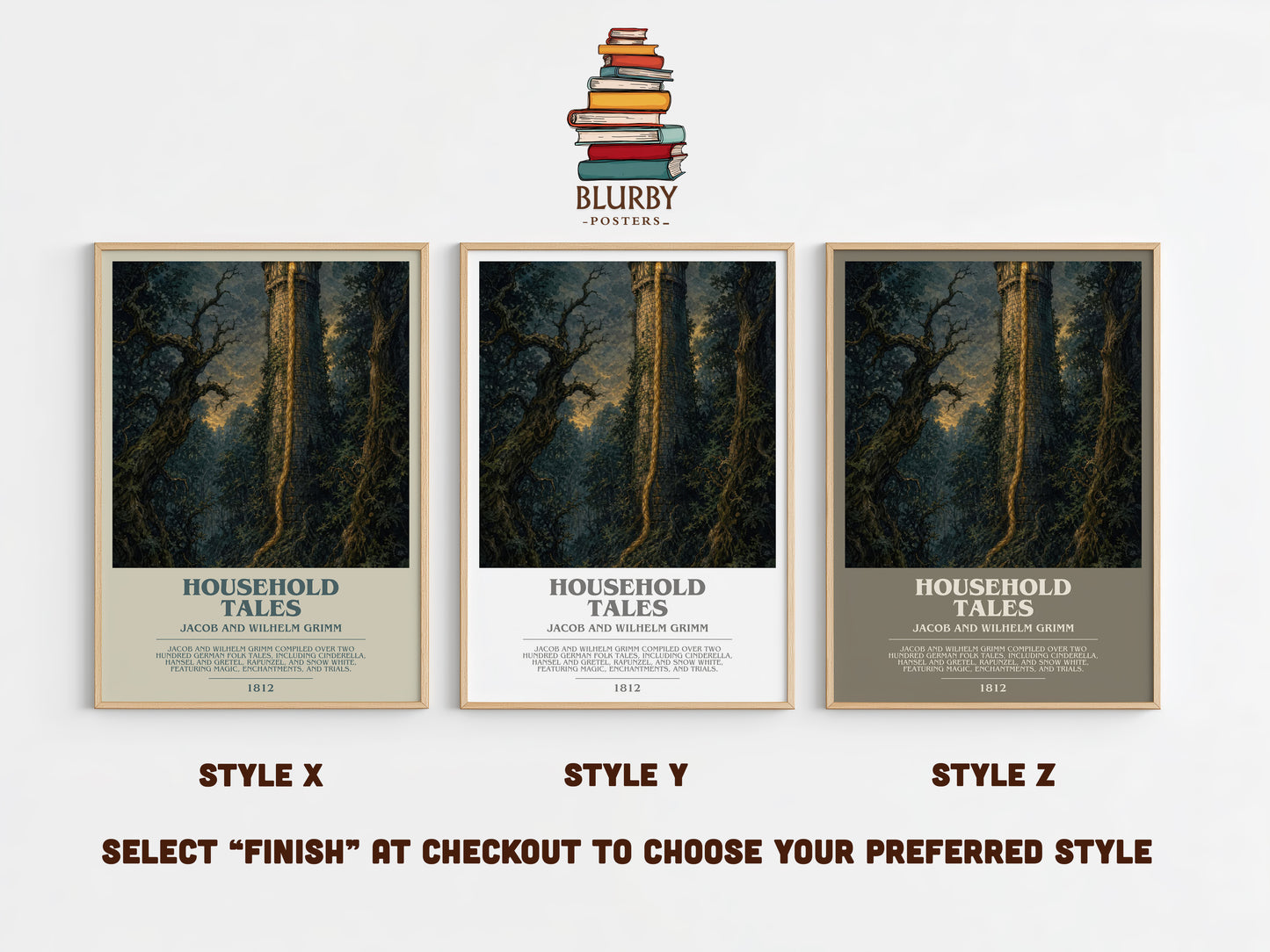 Household Tales bookish print in frame leaning in hallway – childrens wall art
