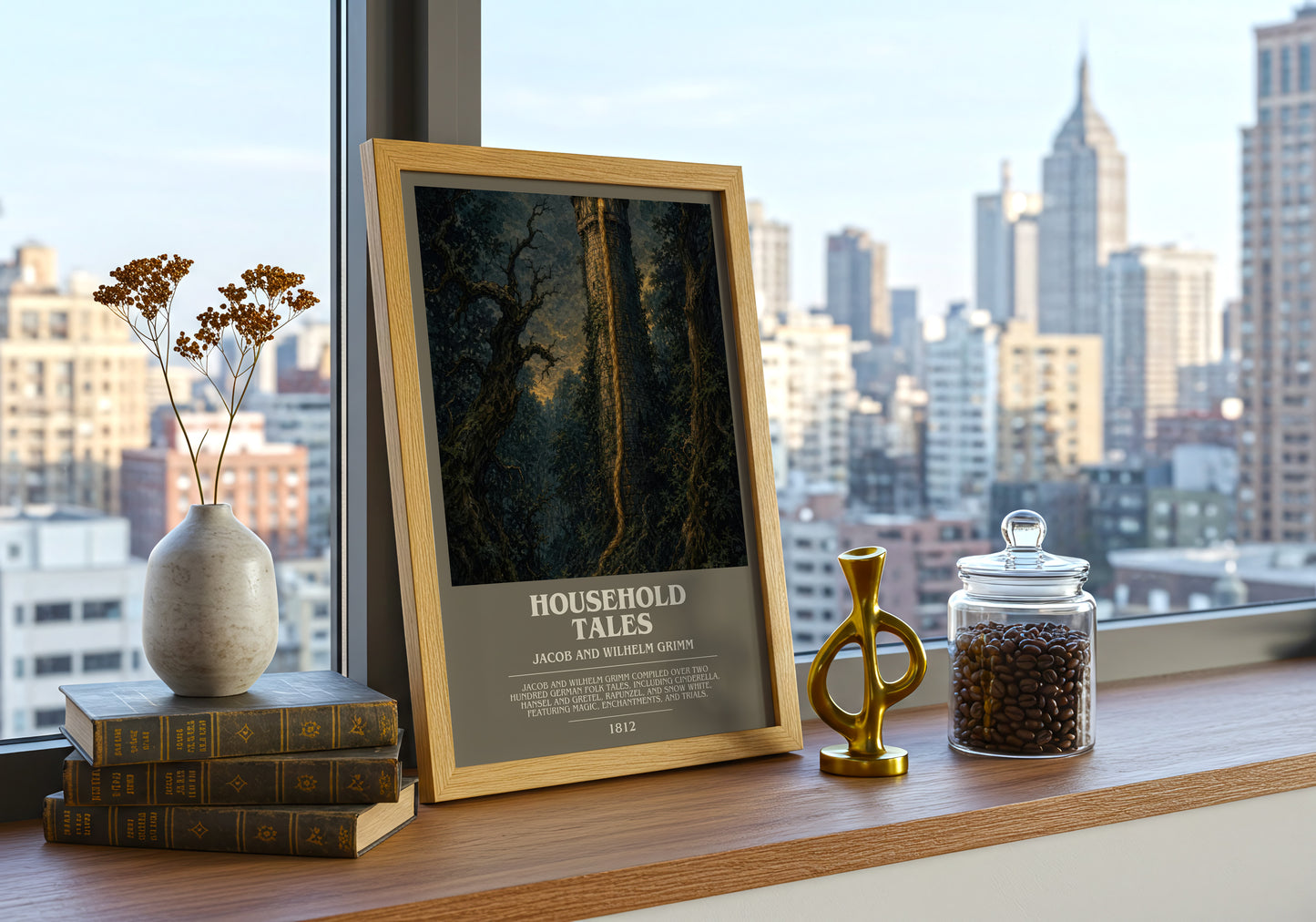 Household Tales bookish print framed by window – literary home decor