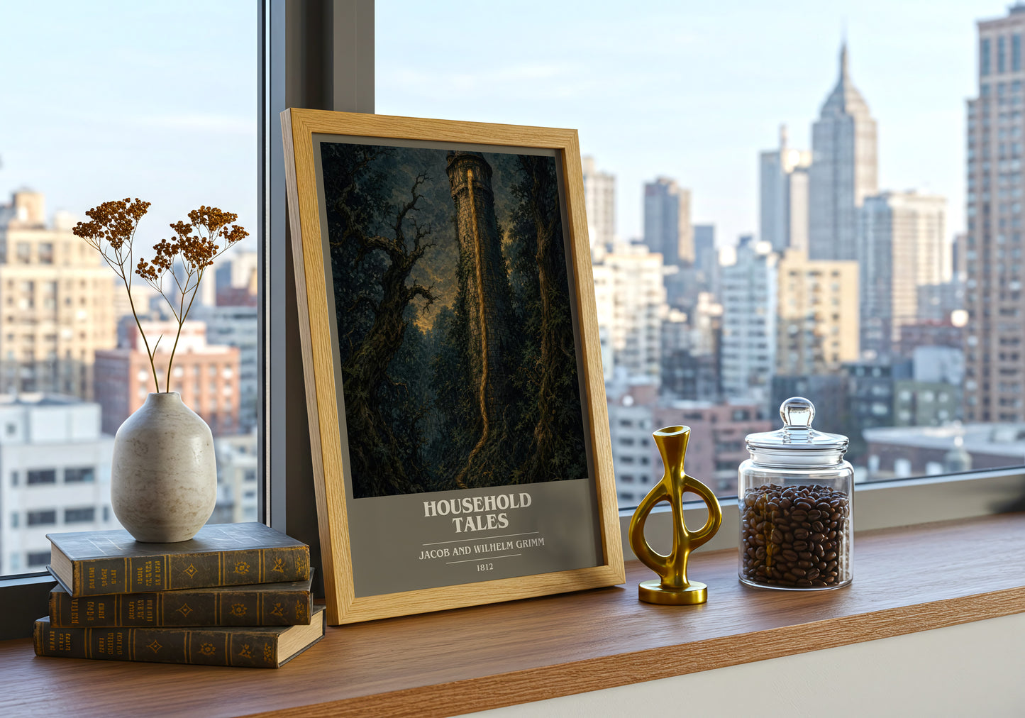 Household Tales book cover print framed by window – literary home decor