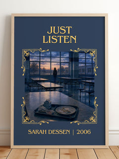 Just Listen Classic Book Art Print by Sarah Dessen – framed print leaning on a wooden floor