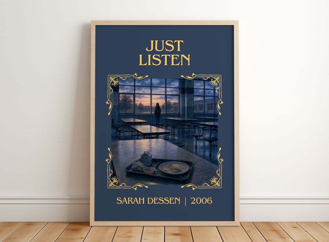 Just Listen Classic Book Art Print by Sarah Dessen – framed print leaning on a wooden floor
