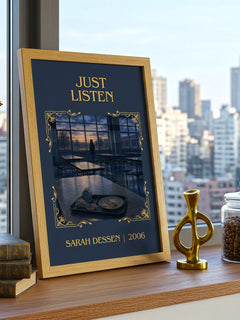 Just Listen Classic Book Art Print by Sarah Dessen – framed print on a city-view windowsill