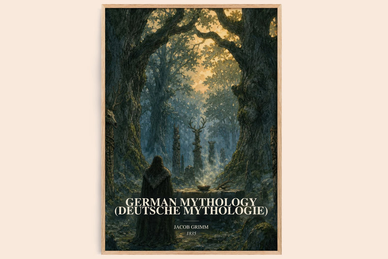 German Mythology (Deutsche Mythologie) watercolour book poster by Jacob Grimm – framed literary art print