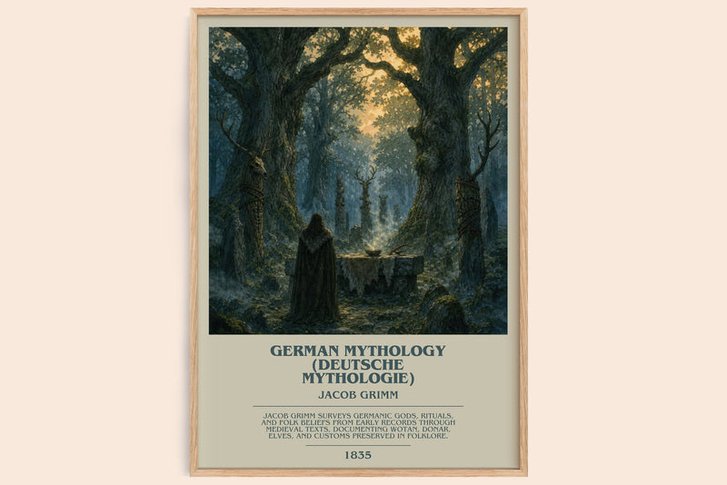 German Mythology (Deutsche Mythologie) bookish book poster by Jacob Grimm – framed literary art print
