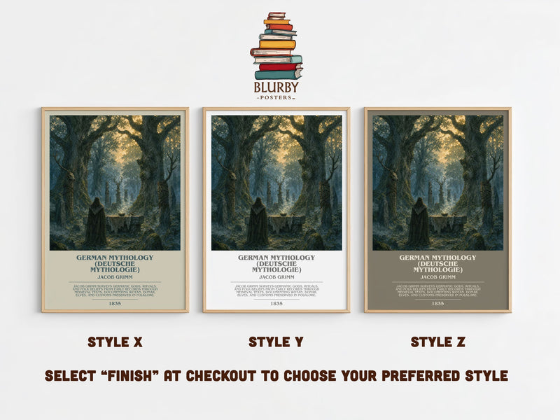 German Mythology (Deutsche Mythologie) bookish print in frame leaning in hallway – literary wall art
