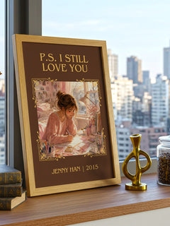 P.S. I Still Love You Classic Book Art Print by Jenny Han – framed print on a city-view windowsill