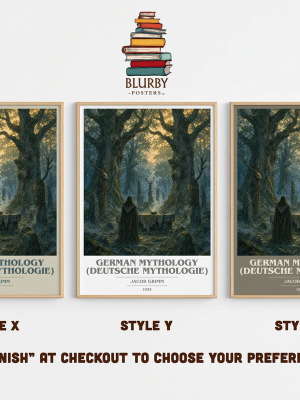 German Mythology (Deutsche Mythologie) book cover print in frame leaning in hallway – literary wall art