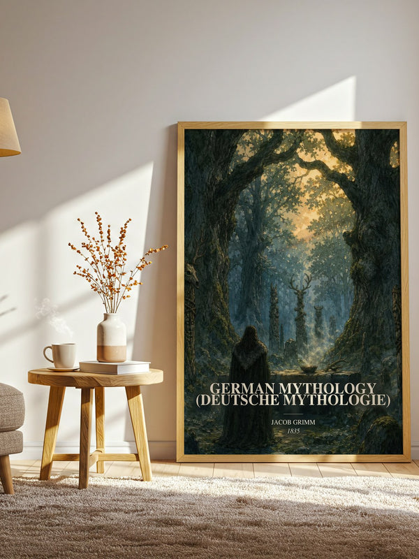 German Mythology (Deutsche Mythologie) watercolour print in frame leaning in hallway – literary wall art