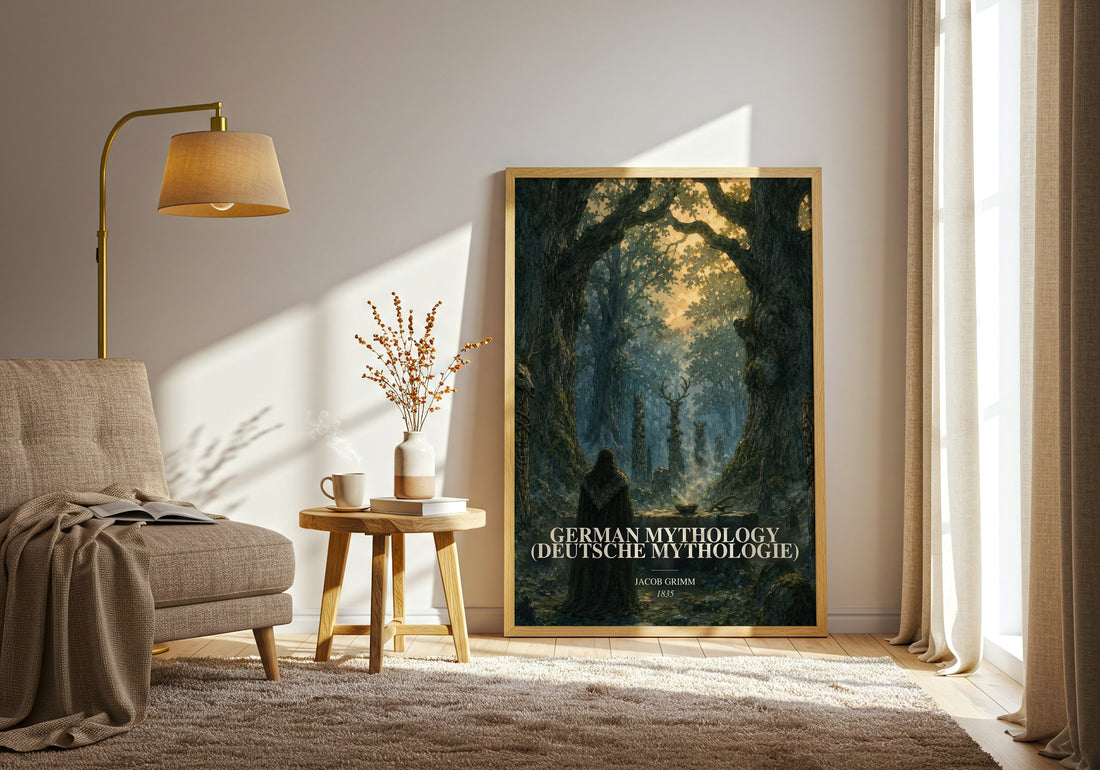 German Mythology (Deutsche Mythologie) watercolour print in frame leaning in hallway – literary wall art (mockup)