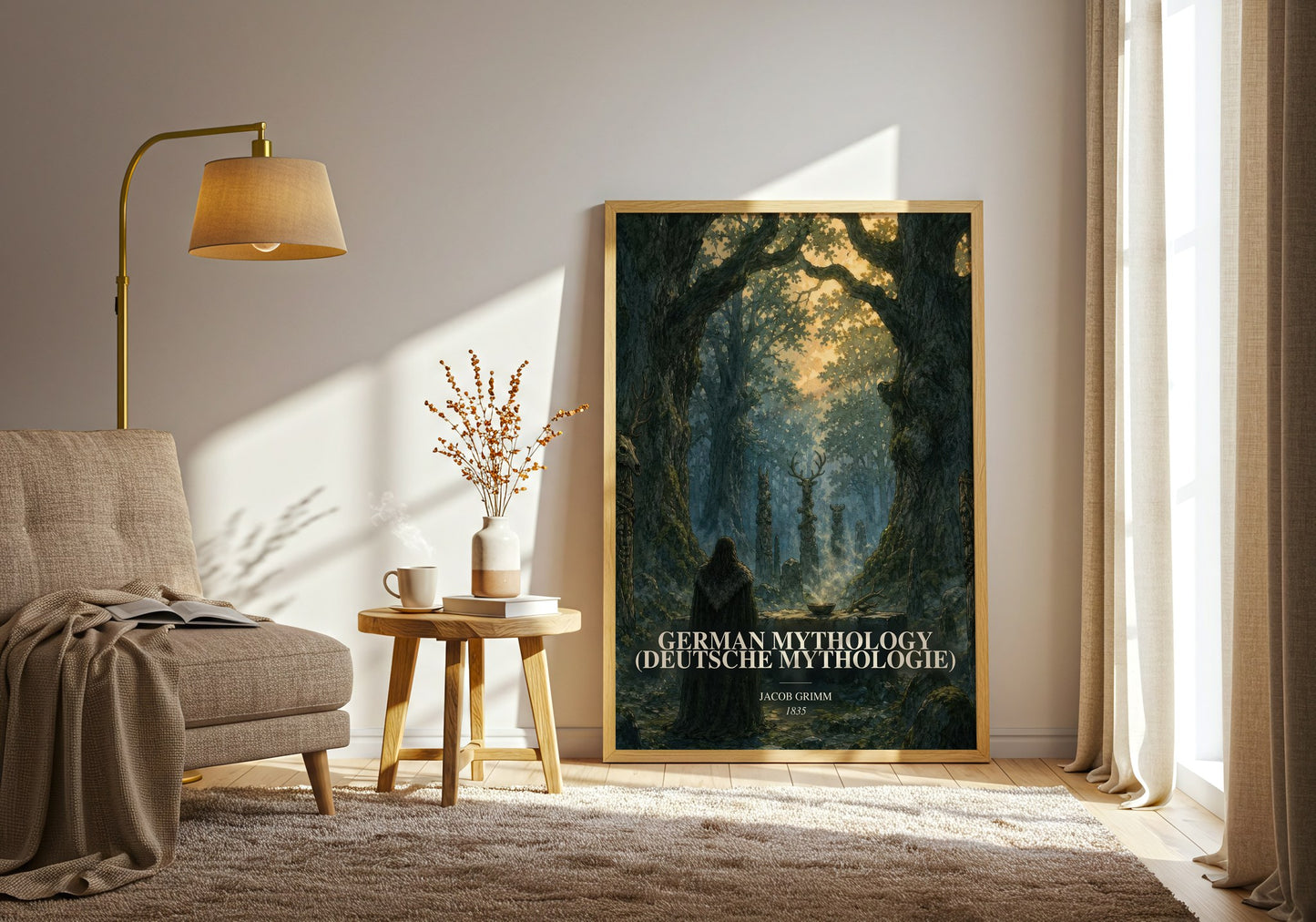 German Mythology (Deutsche Mythologie) watercolour print in frame leaning in hallway – literary wall art