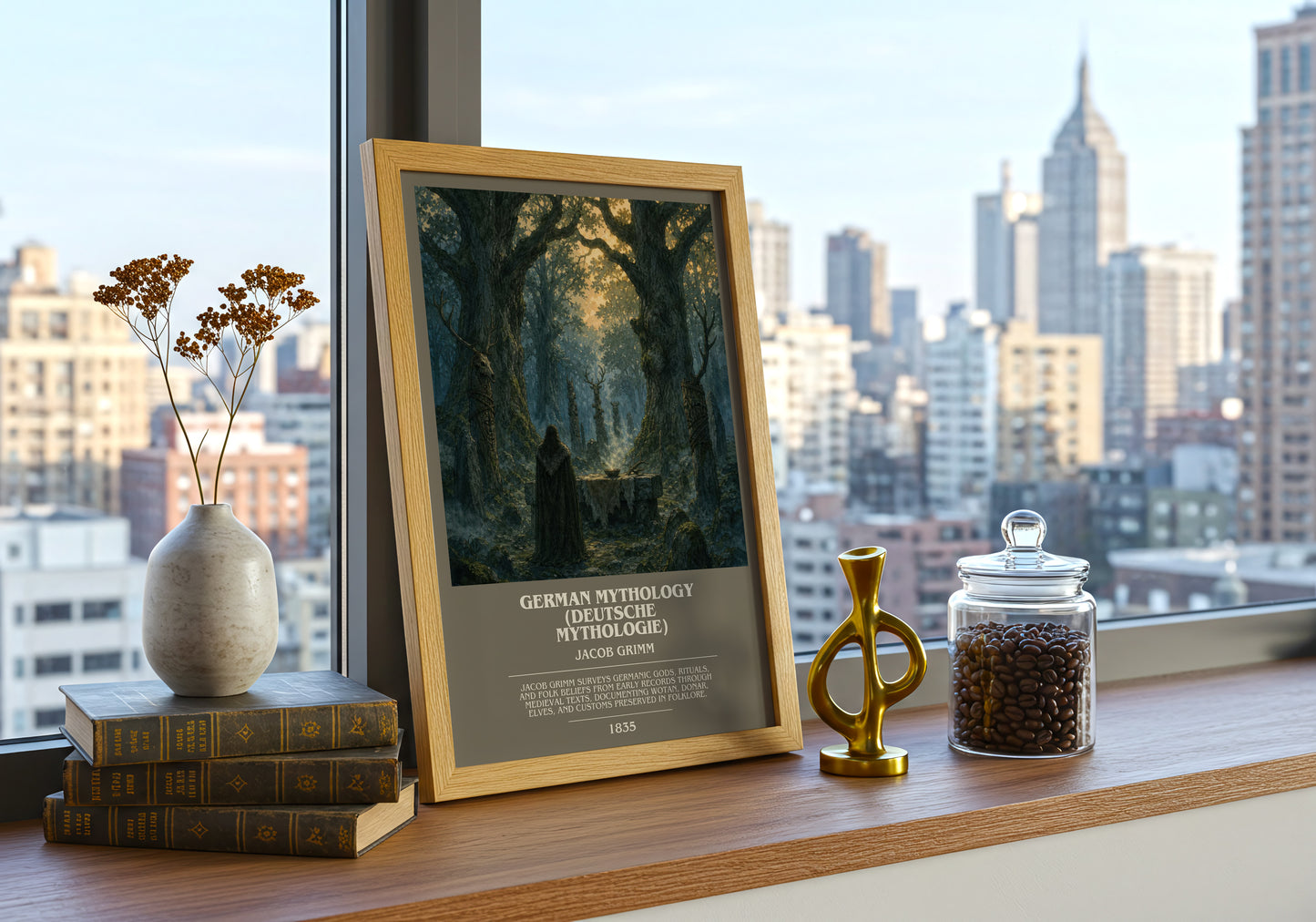 German Mythology (Deutsche Mythologie) bookish print framed by window – literary home decor