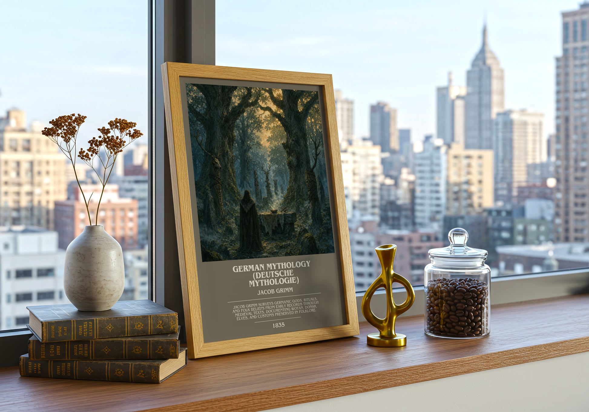 German Mythology (Deutsche Mythologie) bookish print framed by window – literary home decor