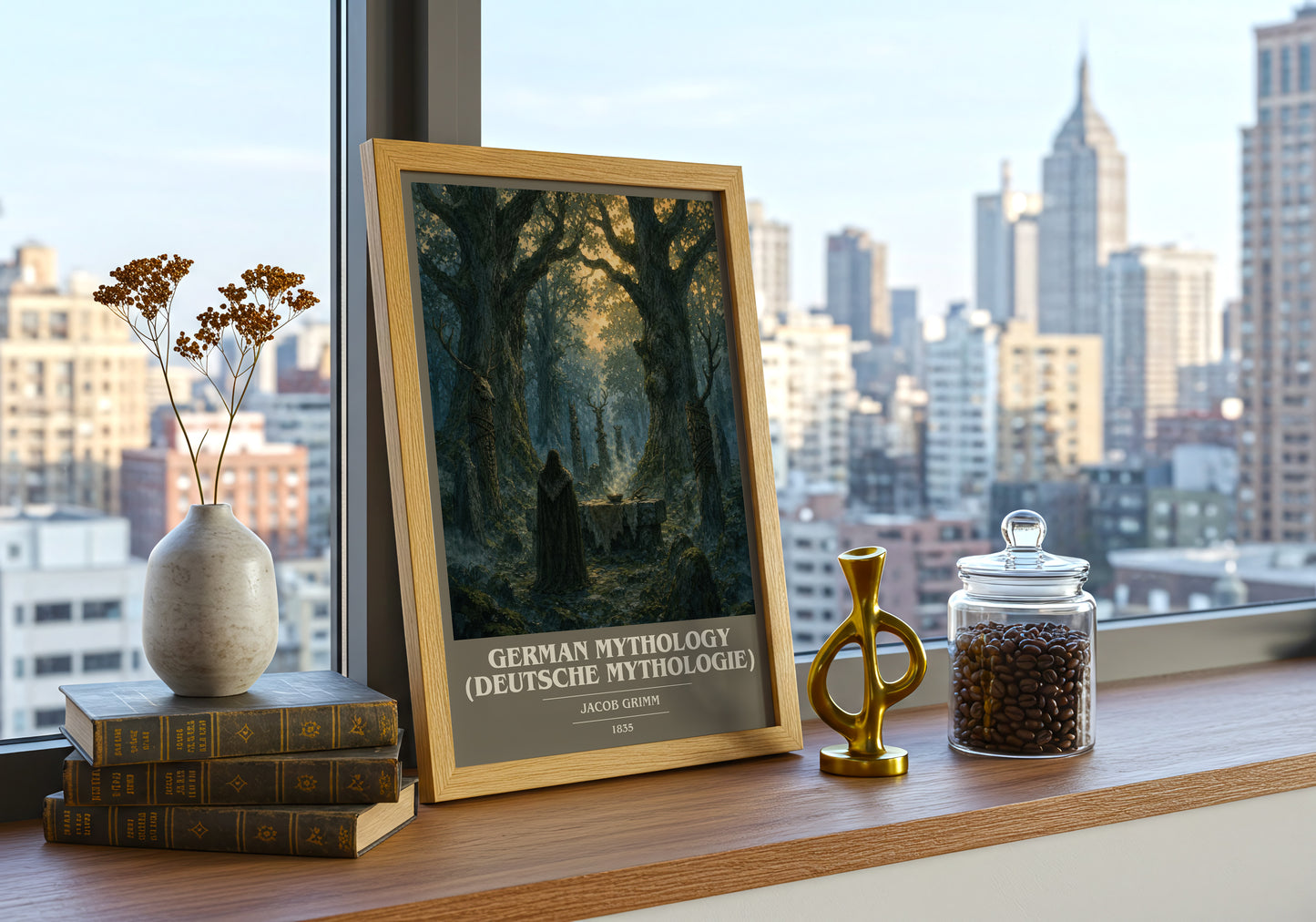German Mythology (Deutsche Mythologie) book cover print framed by window – literary home decor