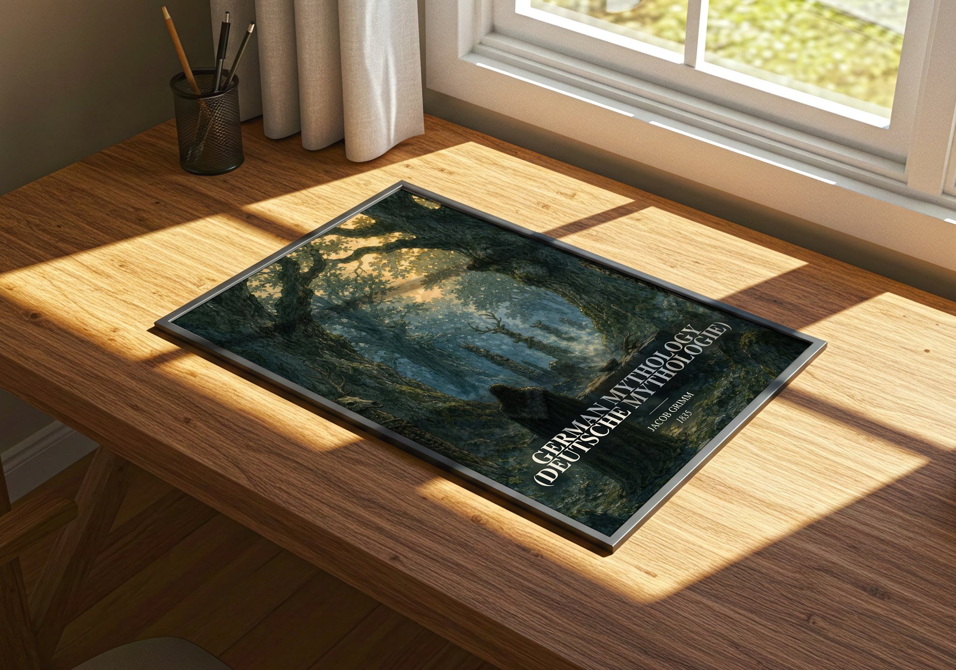 German Mythology (Deutsche Mythologie) watercolour book poster framed on wall – literary wall art
