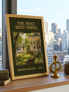 The Next Best Thing Classic Book Art Print by Kristan Higgins – framed print on a city-view windowsill