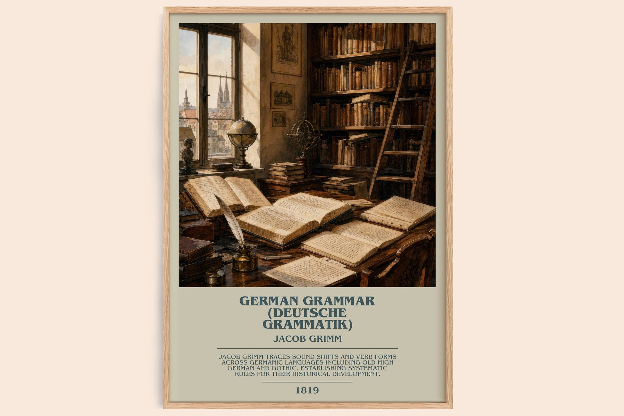 German Grammar (Deutsche Grammatik) bookish book poster by Jacob Grimm – framed literary art print