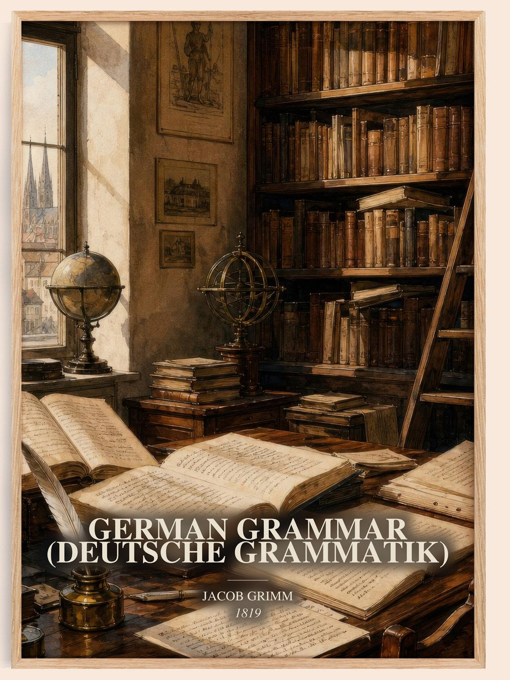 German Grammar (Deutsche Grammatik) watercolour book poster by Jacob Grimm – framed literary art print