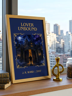 Lover Unbound Classic Book Art Print by J. R. Ward – framed print on a city-view windowsill