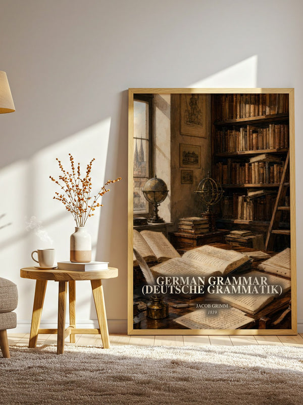 German Grammar (Deutsche Grammatik) watercolour print in frame leaning in hallway – non fiction wall art