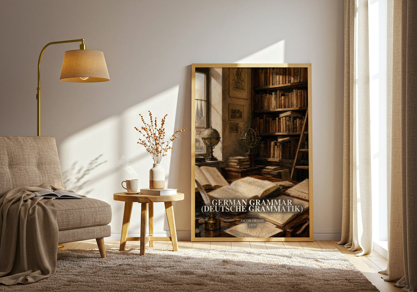 German Grammar (Deutsche Grammatik) watercolour print in frame leaning in hallway – non fiction wall art