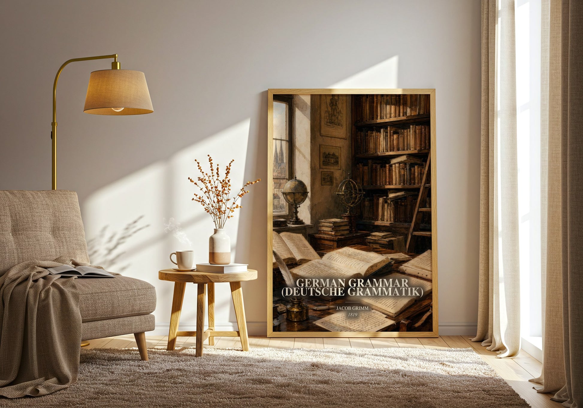 German Grammar (Deutsche Grammatik) watercolour print in frame leaning in hallway – non fiction wall art