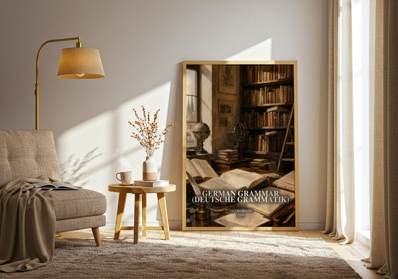 German Grammar (Deutsche Grammatik) watercolour print in frame leaning in hallway – non fiction wall art