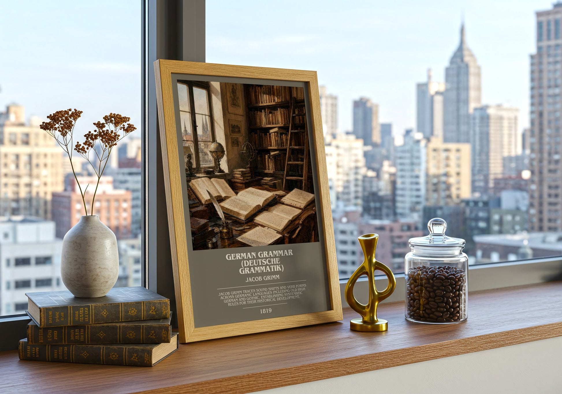 German Grammar (Deutsche Grammatik) bookish print framed by window – literary home decor