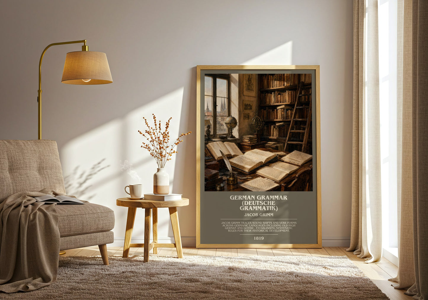 German Grammar (Deutsche Grammatik) bookish print on bookshelf – Jacob Grimm fan gift