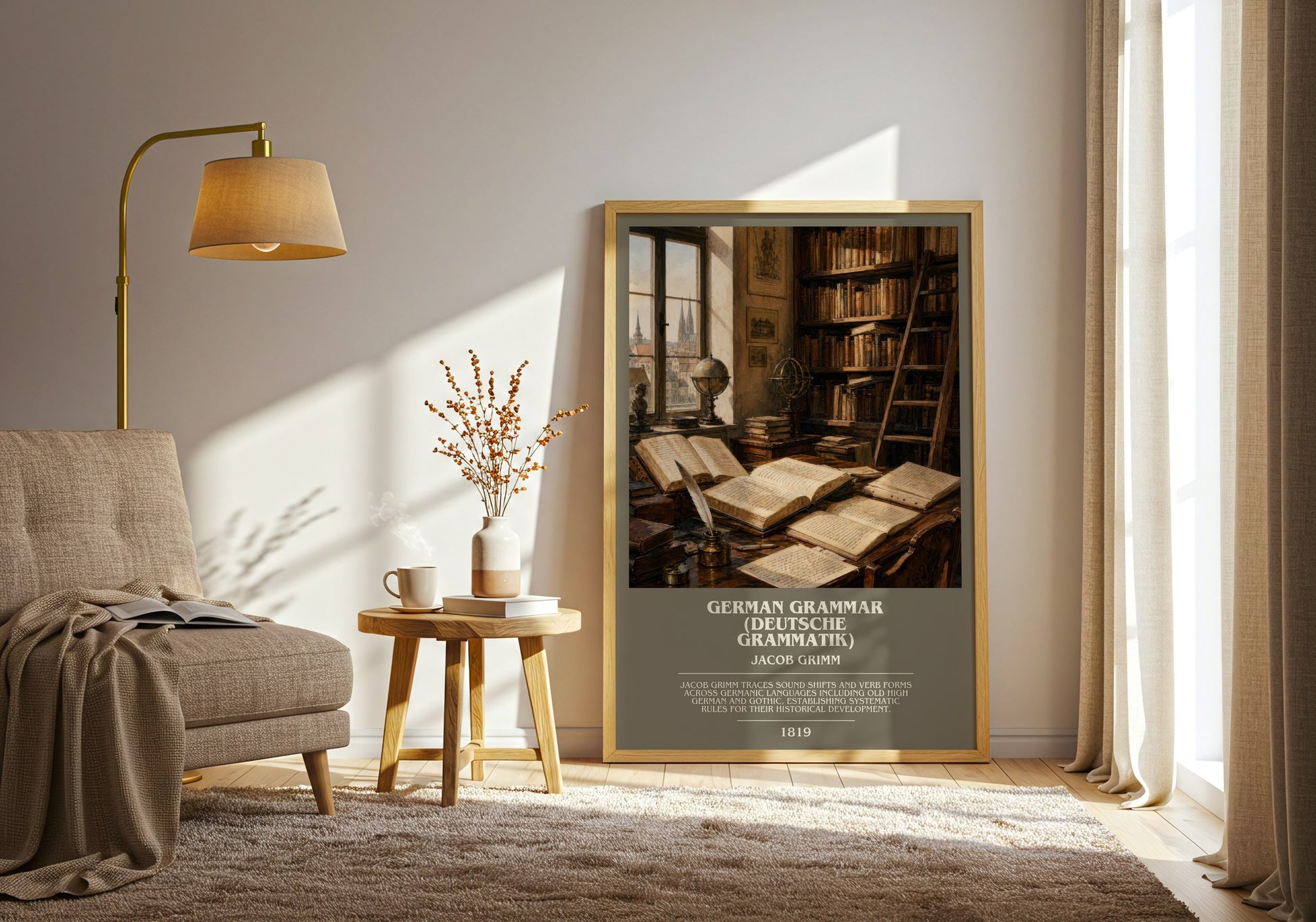 German Grammar (Deutsche Grammatik) bookish print on bookshelf – Jacob Grimm fan gift