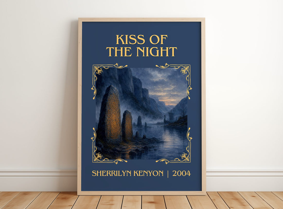 Kiss of the Night Classic Book Art Print by Sherrilyn Kenyon – framed print leaning on a wooden floor