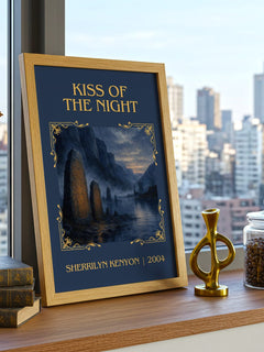 Kiss of the Night Classic Book Art Print by Sherrilyn Kenyon – framed print on a city-view windowsill