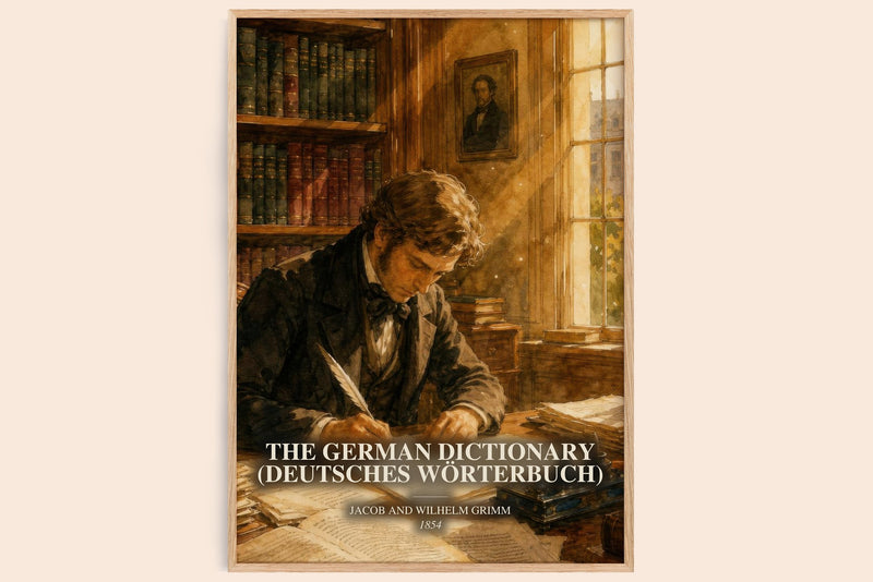 The German Dictionary (Deutsches Wörterbuch) watercolour book poster by Jacob And Wilhelm Grimm – framed literary art print