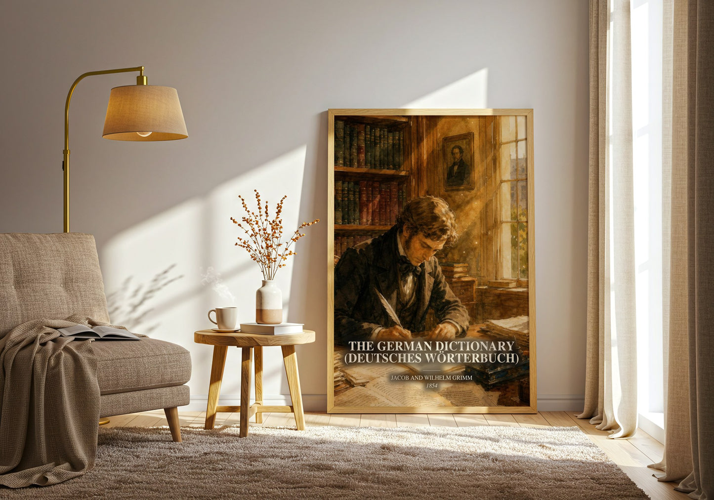 The German Dictionary (Deutsches Wörterbuch) watercolour print in frame leaning in hallway – non fiction wall art