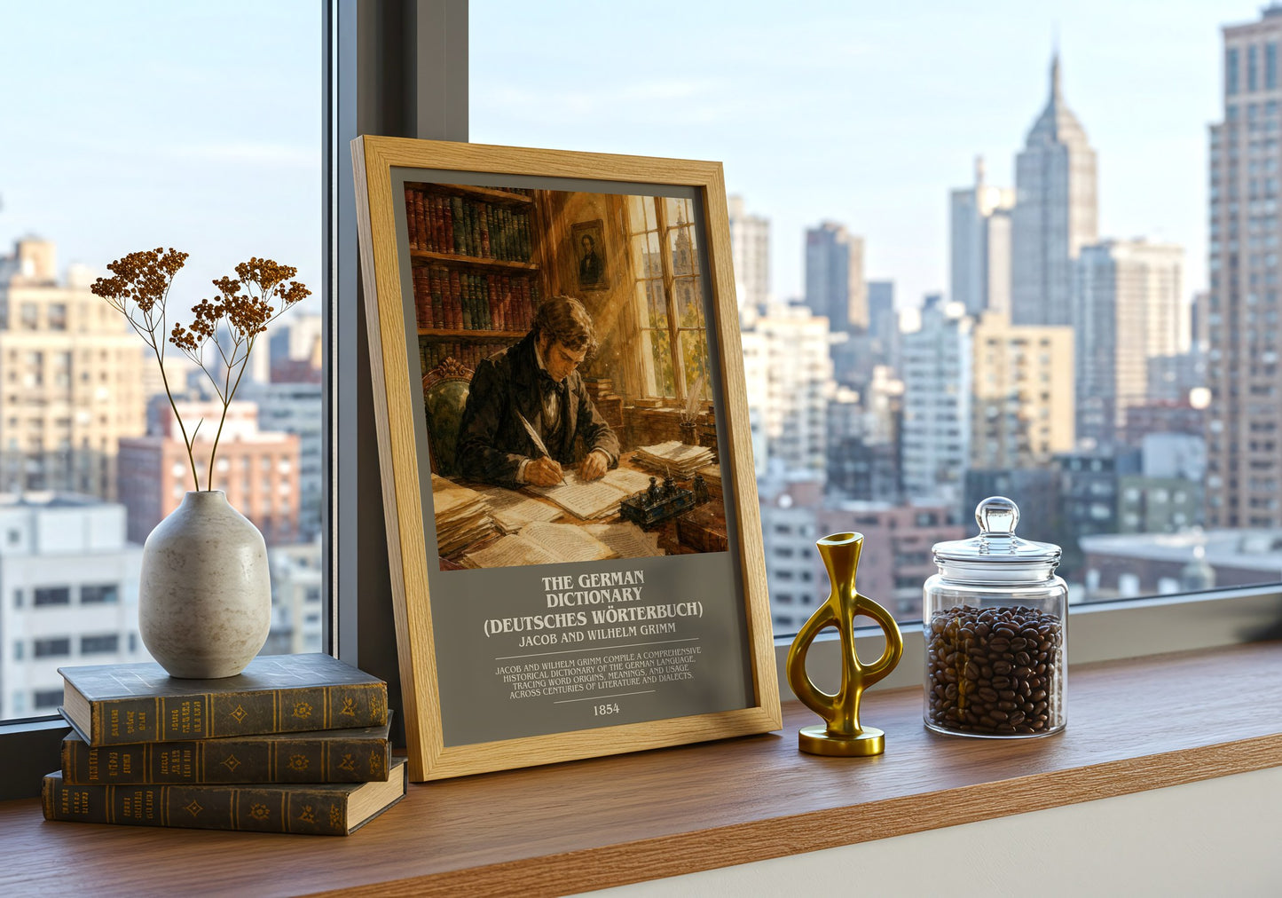 The German Dictionary (Deutsches Wörterbuch) bookish print framed by window – literary home decor