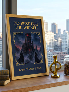 No Rest for the Wicked Classic Book Art Print by Kresley Cole – framed print on a city-view windowsill