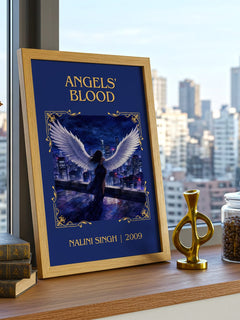 Angels' Blood Classic Book Art Print by Nalini Singh – framed print on a city-view windowsill