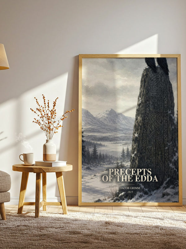 Precepts Of The Edda watercolour print in frame leaning in hallway – non fiction wall art