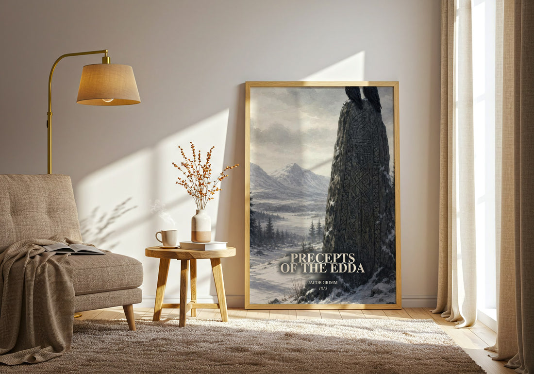 Precepts Of The Edda watercolour print in frame leaning in hallway – non fiction wall art (mockup)