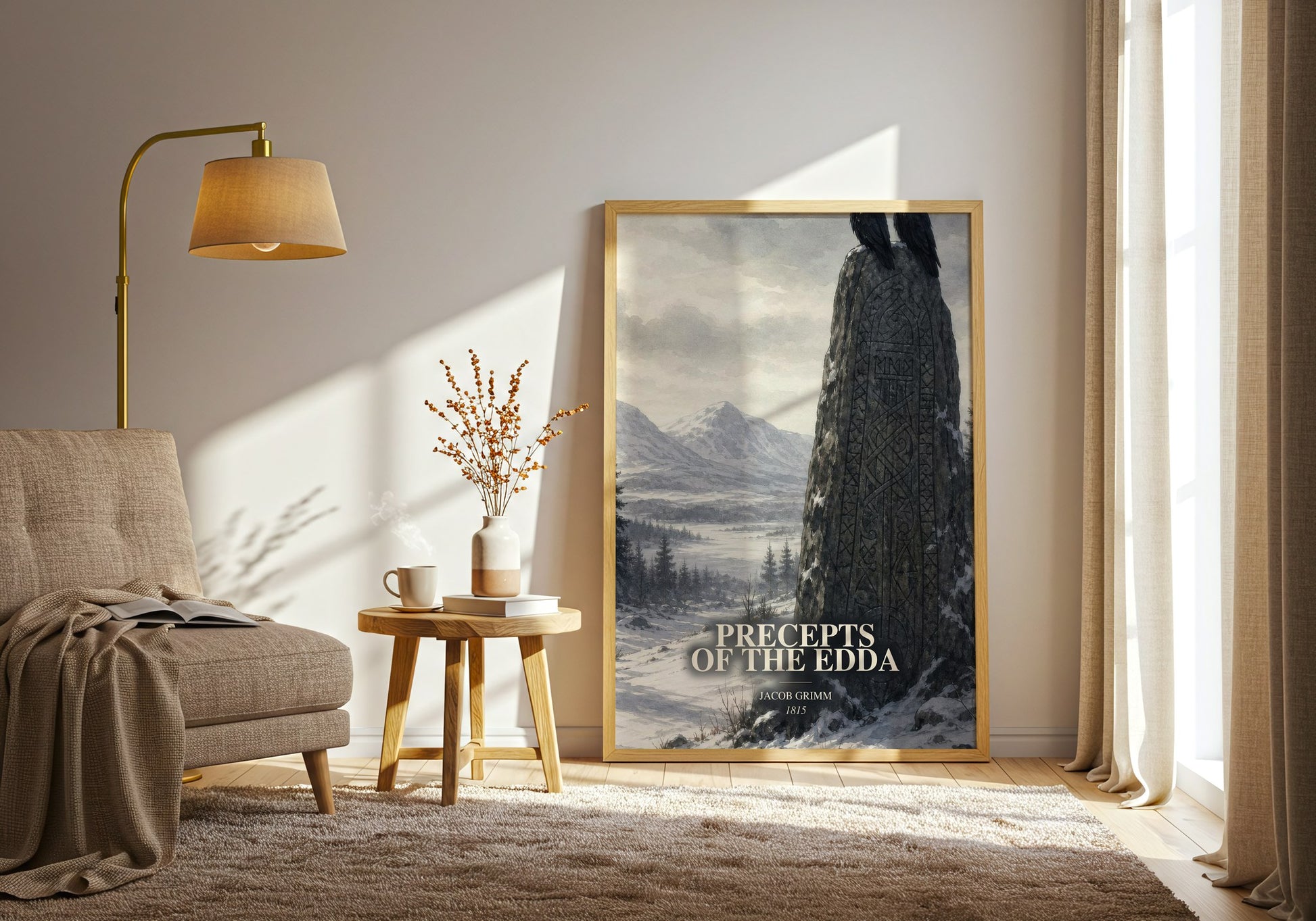 Precepts Of The Edda watercolour print in frame leaning in hallway – non fiction wall art