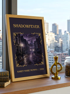 Shadowfever Classic Book Art Print by Karen Marie Moning – framed print on a city-view windowsill