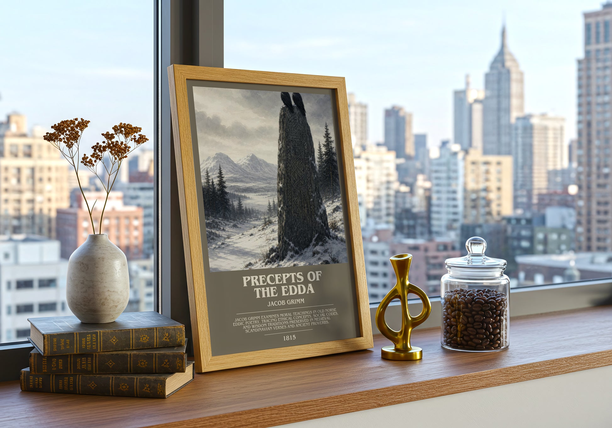 Precepts Of The Edda bookish print framed by window – literary home decor