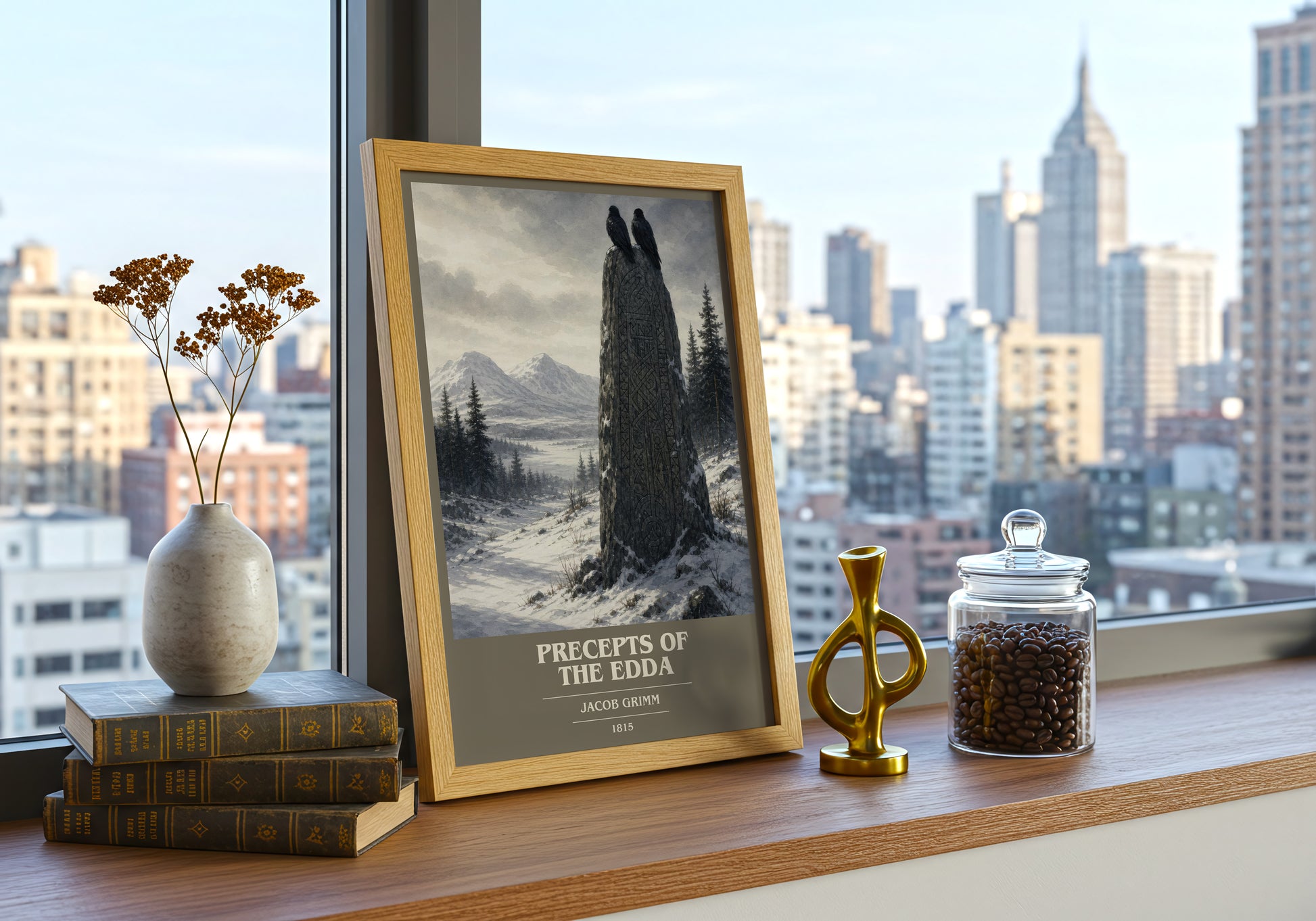 Precepts Of The Edda book cover print framed by window – literary home decor