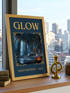 Glow Classic Book Art Print by Raven Kennedy – framed print on a city-view windowsill