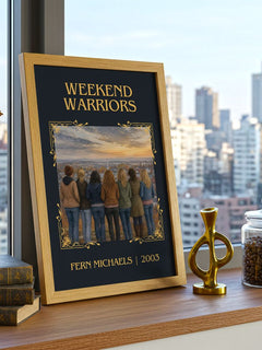 Weekend Warriors Classic Book Art Print by Fern Michaels – framed print on a city-view windowsill