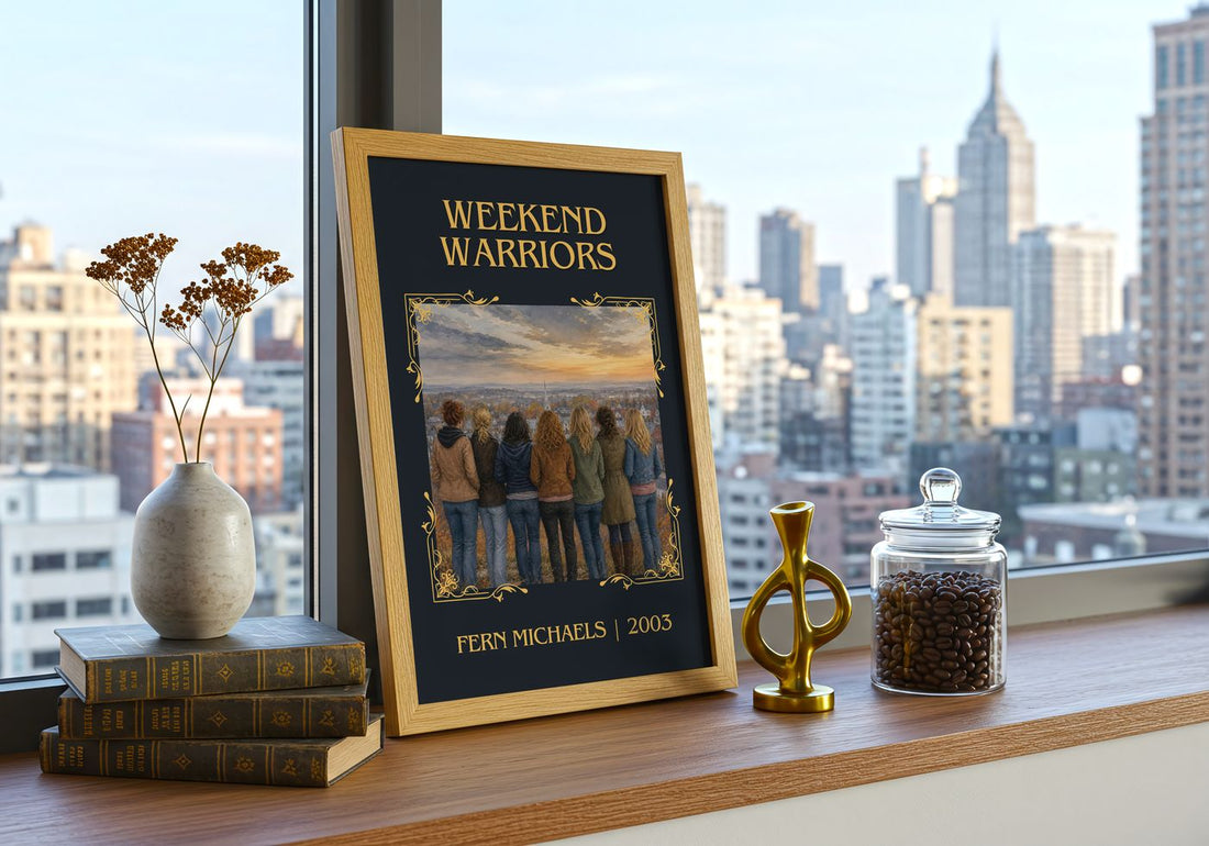 Weekend Warriors Classic Book Art Print by Fern Michaels – framed print on a city-view windowsill