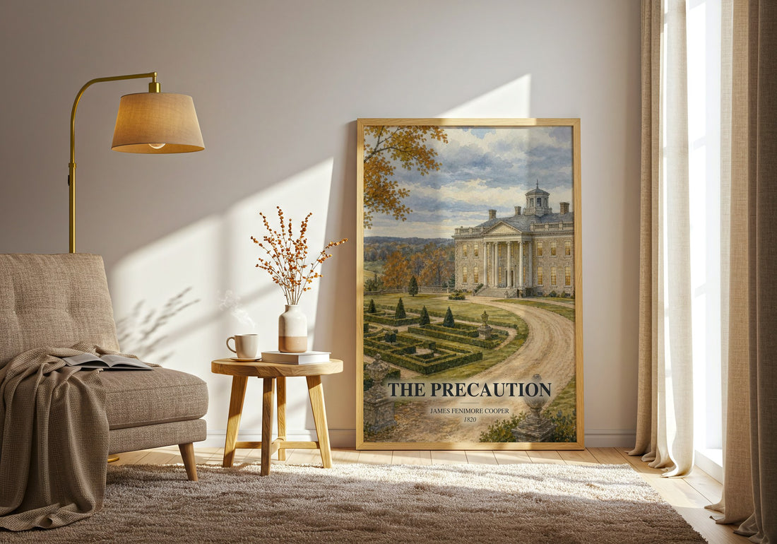 The Precaution watercolour print in frame leaning in hallway – romance wall art (mockup)