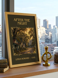 After the Night Classic Book Art Print by Linda Howard – framed print on a city-view windowsill